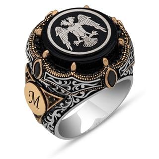 Selçuklu Çift Başlı Kartal Yuvarlak Harfli 925 Gümüş Erkek Yüzük