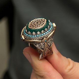 Selçuklu Motifli Kehribar Taşlı 925 Gümüş Erkek Yüzük