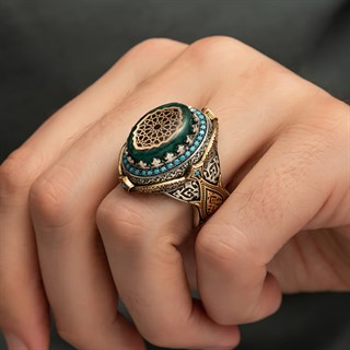 Selçuklu Motifli Kehribar Taşlı 925 Gümüş Erkek Yüzük