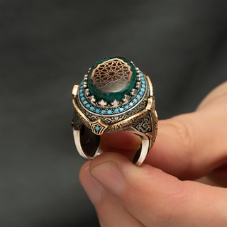 Selçuklu Motifli Kehribar Taşlı 925 Gümüş Erkek Yüzük