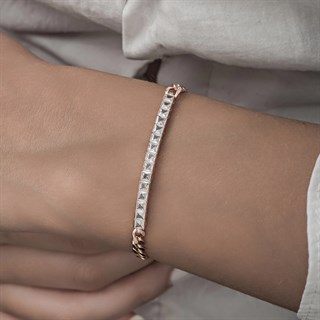 Sıra Baget Taşlı Gurmet Zincirli Rose Kaplama 925 Gümüş Kadın Bileklik