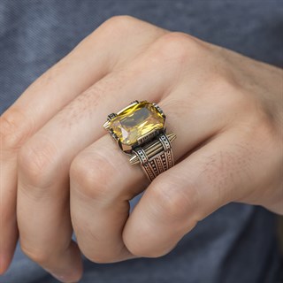 Sitrin Taşlı Kare Tasarım 925 Gümüş Erkek Yüzük