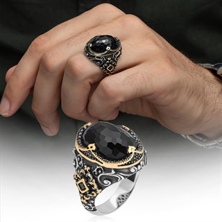 Siyah Kubbe Taşlı Hünkar Modeli 925 Gümüş Erkek Yüzük