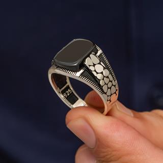 Siyah Oniks Taşlı Damar Desenli 925 Gümüş Yüzük