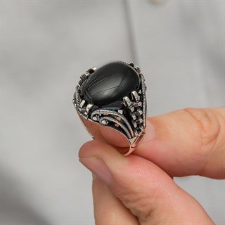 Siyah Oniks Taşlı Oval 925 Gümüş Erkek Yüzük