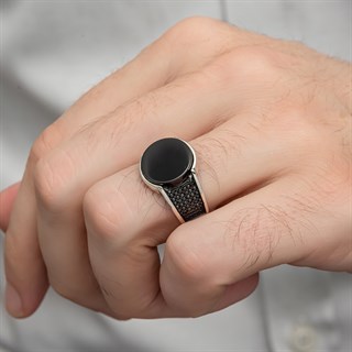 Siyah Oniks Yuvarlak Taşlı 925 Gümüş Erkek Yüzük