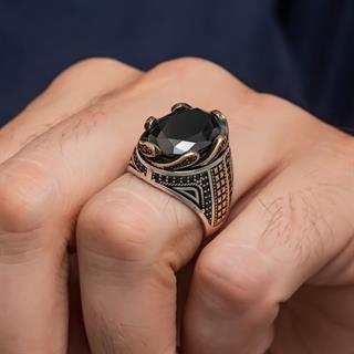 Siyah Taşlı Dalga Desen 925 Gümüş Yüzük