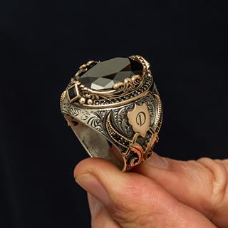 Siyah Taşlı Harfli 925 Ayar Erkek Gümüş Yüzük