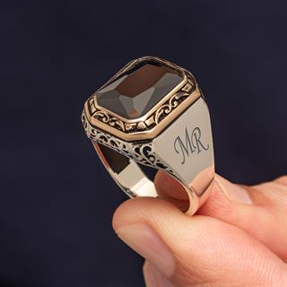 Siyah Taşlı Harfli 925 Gümüş Yüzük Erkek