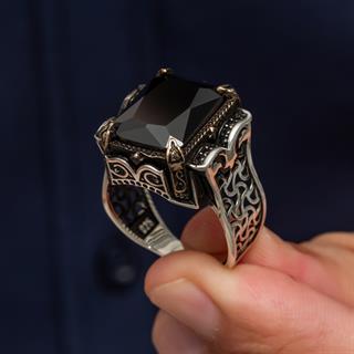 Siyah Taşlı Kare 925 Gümüş Erkek Yüzük
