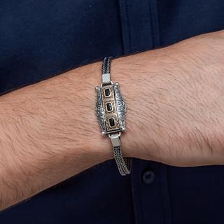 Siyah Üç Taş Motifli 925 Ayar Gümüş Erkek Bileklik