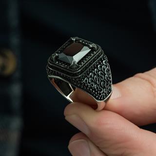 Siyah Zirkon Taşlı Mikro Taş İşlemeli  Gümüş Erkek Yüzük