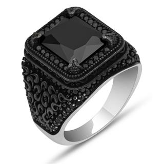 Siyah Zirkon Taşlı Mikro Taş İşlemeli  Gümüş Erkek Yüzük