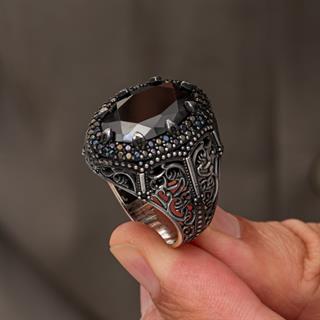Siyah Zirkon Taşlı Oval 925 Gümüş Yüzük Erkek