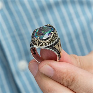 Oval Mistik Topaz Taşlı 925 Gümüş Erkek Yüzük