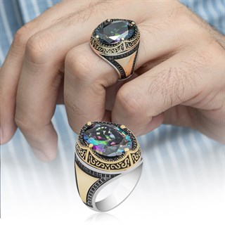 Oval Mistik Topaz Taşlı 925 Gümüş Erkek Yüzük