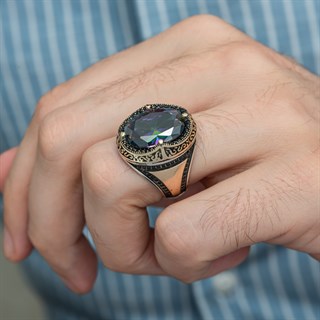 Oval Mistik Topaz Taşlı 925 Gümüş Erkek Yüzük