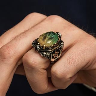 Turmolin Taşlı Ayyıldız Motifli 925 Gümüş Yüzük