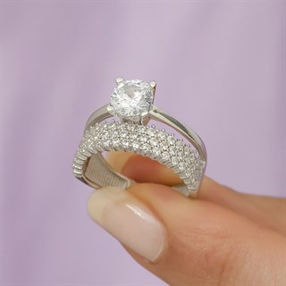 Üç Sıra Tamtur Tektaş Gümüş Bayan Yüzük