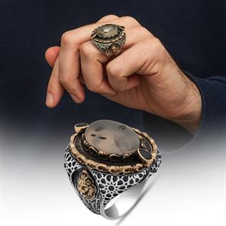 Yemen Akik Taşlı Aslan Başı 925 Ayar Erkek Gümüş Yüzük