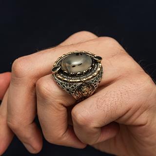 Yemen Akik Taşlı Aslan Başı 925 Ayar Erkek Gümüş Yüzük