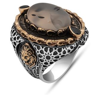 Yemen Akik Taşlı Aslan Başı 925 Ayar Erkek Gümüş Yüzük