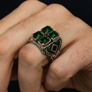 Yeşil 4 Taşlı 925 Gümüş Erkek Yüzük