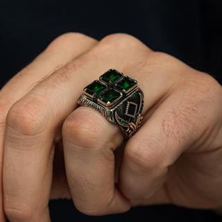 Yeşil 4 Taşlı 925 Gümüş Erkek Yüzük