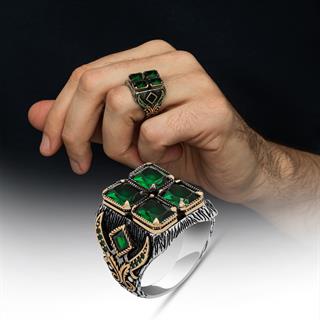 Yeşil 4 Taşlı 925 Gümüş Erkek Yüzük