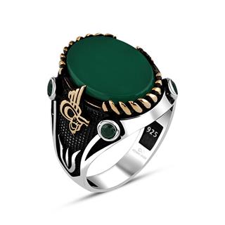 Yeşil Akik Taşlı Tuğra Desenli Gümüş Erkek Yüzük