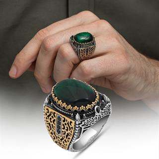 Yeşil Kaplan Gözü Taşlı 925 Gümüş Erkek Yüzük