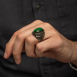 Yeşil Kaplan Gözü Taşlı 925 Gümüş Erkek Yüzük