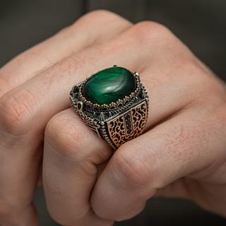 Yeşil Kaplan Gözü Taşlı 925 Gümüş Erkek Yüzük