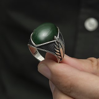 Yeşil Kaplan Gözü Taşlı Oval 925 Gümüş Erkek Yüzük