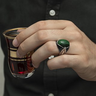 Yeşil Kaplan Gözü Taşlı Oval 925 Gümüş Erkek Yüzük