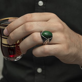 Yeşil Kaplan Gözü Taşlı Oval 925 Gümüş Erkek Yüzük