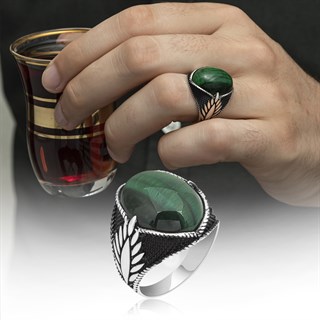 Yeşil Kaplan Gözü Taşlı Oval 925 Gümüş Erkek Yüzük