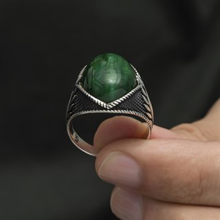 Yeşil Kaplan Gözü Taşlı Oval 925 Gümüş Erkek Yüzük