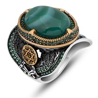 Yeşil Kaplan Gözü Taşlı Süleyman Mührü 925 Gümüş Erkek Yüzük