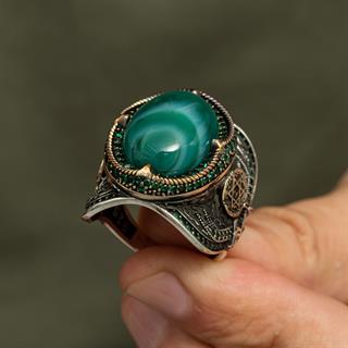 Yeşil Kaplan Gözü Taşlı Süleyman Mührü 925 Gümüş Erkek Yüzük