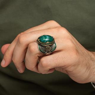 Yeşil Kaplan Gözü Taşlı Süleyman Mührü 925 Gümüş Erkek Yüzük