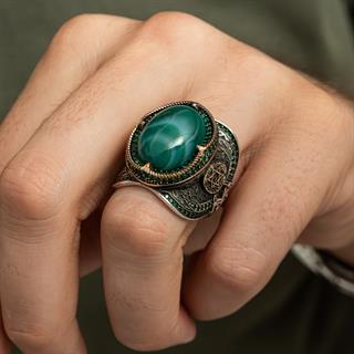 Yeşil Kaplan Gözü Taşlı Süleyman Mührü 925 Gümüş Erkek Yüzük