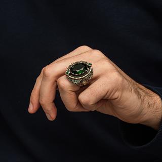 Yeşil Taşlı Aslan Başı 925 Ayar Erkek Gümüş Yüzük