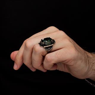 Yeşil Taşlı Oval 925 Gümüş Erkek Yüzük