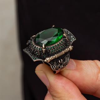 Yeşil Taşlı Oval 925 Gümüş Erkek Yüzük