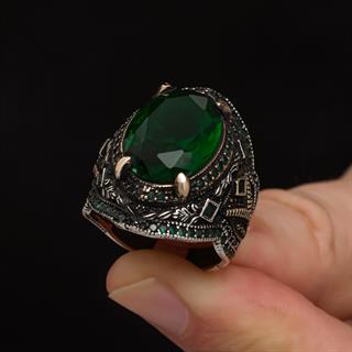 Yeşil Taşlı Oval 925 Gümüş Erkek Yüzük