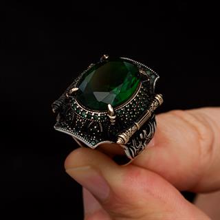 Yeşil Taşlı Oval 925 Gümüş Erkek Yüzük