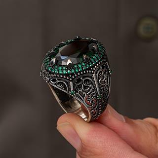 Yeşil Zirkon Taşlı Oval 925 Gümüş Yüzük Erkek