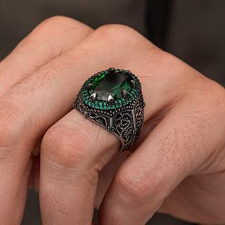 Yeşil Zirkon Taşlı Oval 925 Gümüş Yüzük Erkek