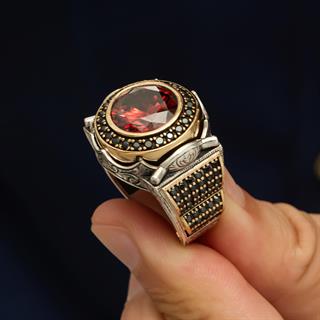 Yuvarlak Kırmızı Taşlı 925 Gümüş Erkek Yüzük